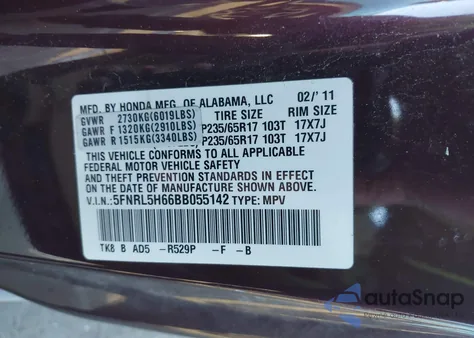 2011 Honda Odyssey Ex-L from USA, damaged, VIN 5FNRL5H66BB055142